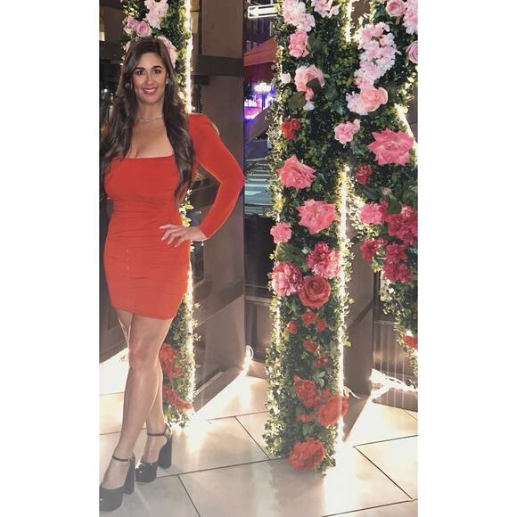 NOOKIE Red Jersey Squareneck Sheath Harley Structured Shoulders Mini Dress S - Picture 16 of 16